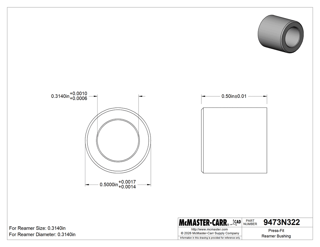 Technical Drawing of Press-Fit Reamer Bushing, 0.314" ID, 1/2" OD, 1/2" Long.